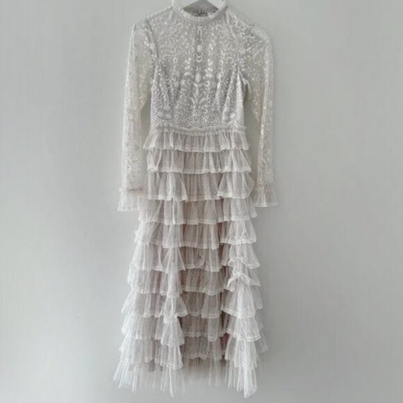 Mac Duggal 8003 Size 8 Embroidered Long Sleeve Ruffled Tiered Pearl White Dress - Picture 8 of 11